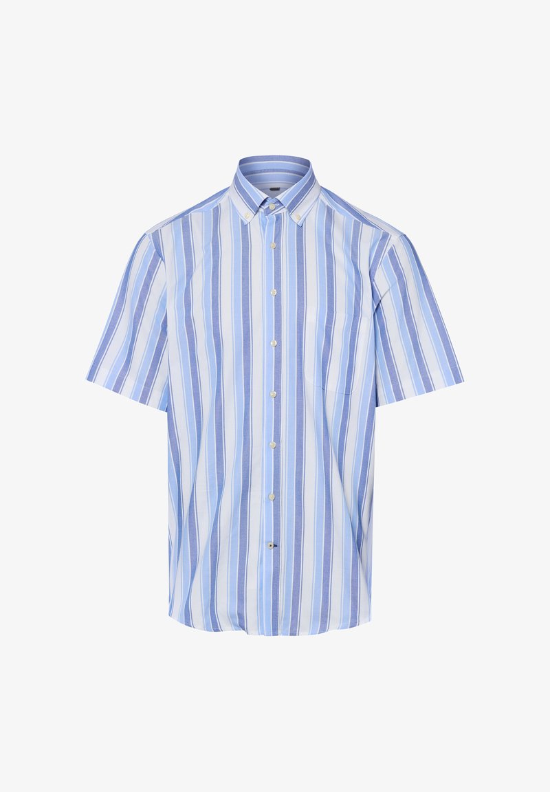 Chemise à manches courtes avec des rayures verticales bleues et blanches et un col boutonné.