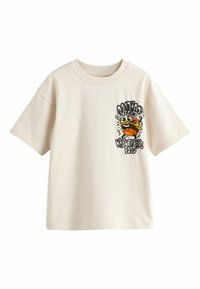 Bézs pamutból készült rövid ujjú, kerek nyakú póló. Színes grafikus hamburger és szöveg díszíti elöl.