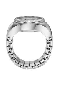 Silberner Edelstahl-Uhren mit einem glatten, runden Gehäuse, einer geriffelten Lünette und einem polierten Armband mit rechteckigen und runden Gliedern.