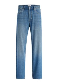 Ανδρικό τζιν από μπλε denim με ίσια γραμμή, κούμπωμα με κουμπί και φερμουάρ, μπροστινές τσέπες και θηλιές για ζώνη.
