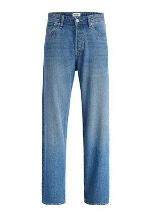 Herreblå jeans med lige ben, knap- og lynlåslukning, forlommer og bæltestropper.