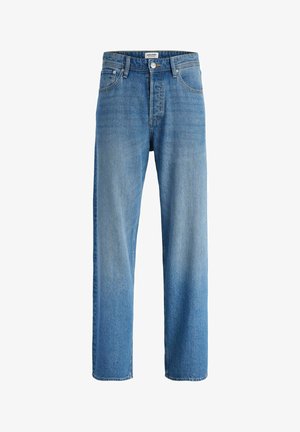 Jean droit en denim bleu pour homme avec fermeture par bouton et fermeture éclair, poches avant et passants de ceinture.