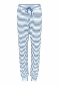 Randiga pyjamasbyxor i blått och vitt, tillverkade av mjukt tyg. Har ett elastiskt midjeband med snörning och elastiska muddar vid anklarna.