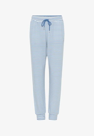 Pasiaste spodnie piżamowe w niebiesko-białe paski, wykonane z miękkiego materiału. Posiadają elastyczny pas z sznurkiem oraz elastyczne mankiety przy kostkach.