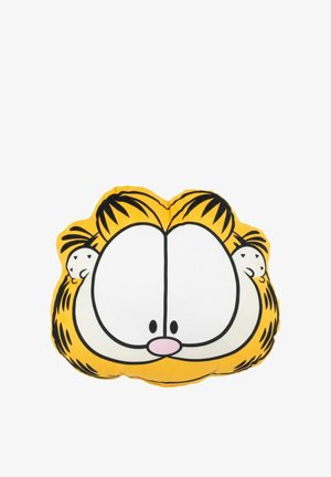Cuscino plush giallo a forma di faccia di gatto dei cartoni animati con contorni neri, grandi occhi bianchi, un naso rosa e design con criniera a ciuffo.