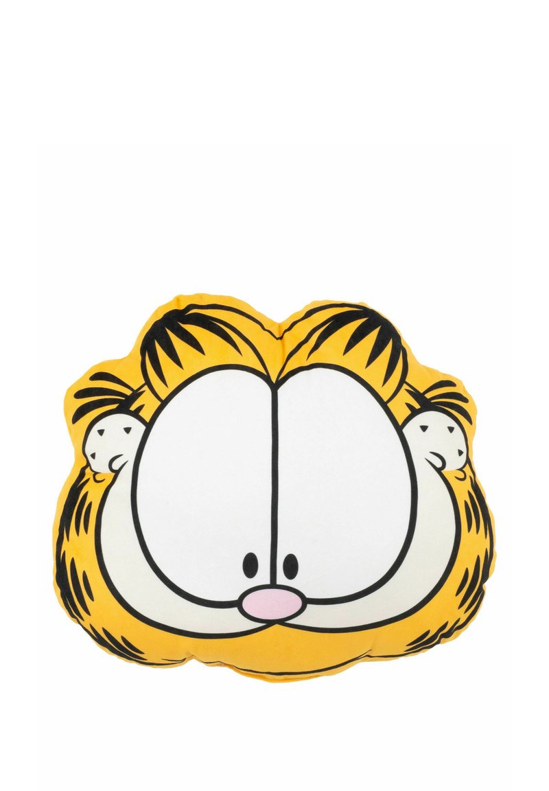 Cuscino plush giallo a forma di faccia di gatto dei cartoni animati con contorni neri, grandi occhi bianchi, un naso rosa e design con criniera a ciuffo.