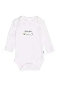 Weißer Langarm-Babybody mit rundem Halsausschnitt und Druckknopfverschluss. Beinhaltet den gedruckten Text "kleiner Liebling" in Grau mit einem beigen Herz.