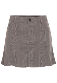 Fekete-fehér kockás szoknya, könnyű szövetből készült, gombos derékrésszel és pliszézett dizájnnal a további részletekért.