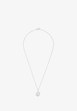 Silberne Kettenhalskette mit einem doppelten Herzanhänger, der mit kleinen klaren Edelsteinen geschmückt ist und ein geschichtetes, filigranes Design schafft.