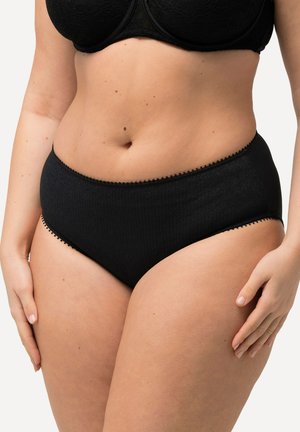 Hoge taille zwarte onderbroek van een textuurstof, met kantafwerking aan de randen en een gladde afwerking.