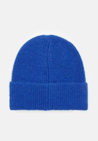 Cappello beanie blu lavorato a maglia con una texture a coste, dotato di risvolto e una corona senza cuciture per una vestibilità aderente.