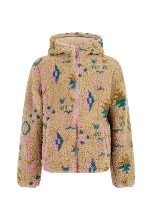 Veste à capuche en velours beige avec des motifs géométriques multicolores dans des tons de rose, bleu et vert. Elle dispose d'une fermeture éclair à l'avant et d'un tissu doux et texturé.