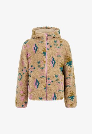 Tan fuzzy hoodie met multikleurige geometrische patronen in roze, blauw en groen. Voorzien van een rits aan de voorkant en zachte, gestructureerde stof.