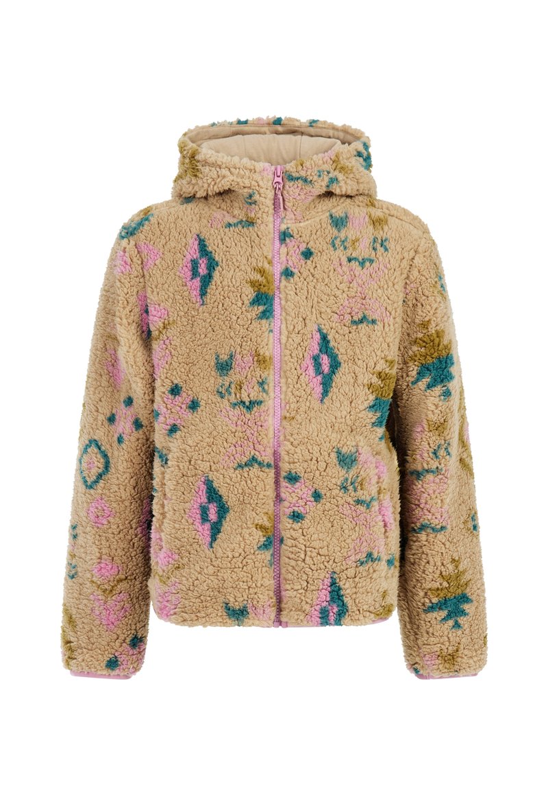 Tan fuzzy hoodie met multikleurige geometrische patronen in roze, blauw en groen. Voorzien van een rits aan de voorkant en zachte, gestructureerde stof.
