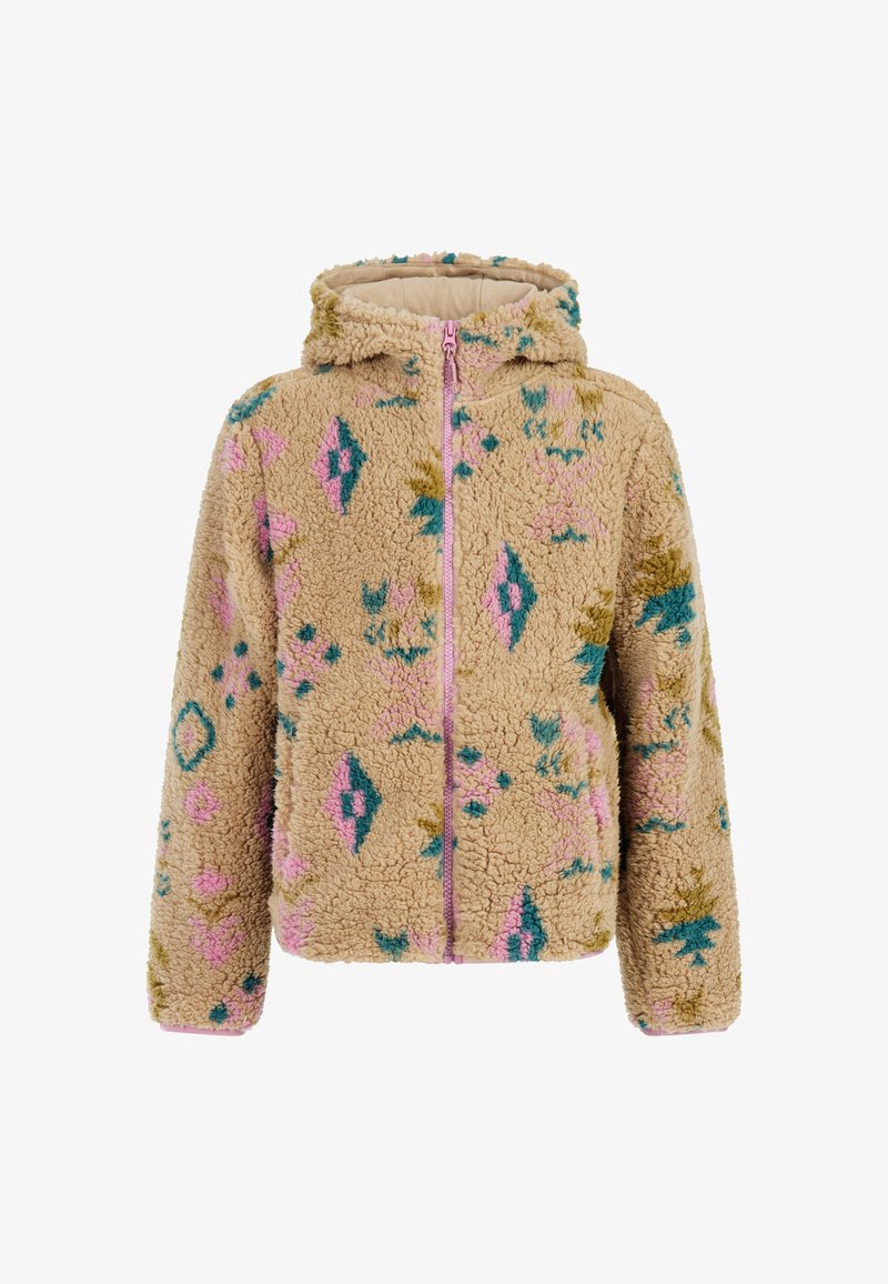 Tan fuzzy hoodie met multikleurige geometrische patronen in roze, blauw en groen. Voorzien van een rits aan de voorkant en zachte, gestructureerde stof.