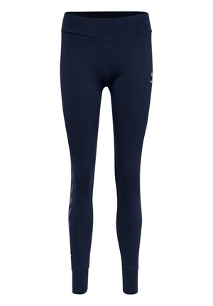 Marineblauwe leggings met een brede tailleband, gemaakt van rekbare stof, voorzien van een subtiele logo en patroon langs de zijkant. Gladde textuur.