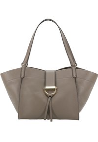 Gray leather tote bag with a structured design, gold hardware accents, a central strap, and two sturdy handles. Textured surface.