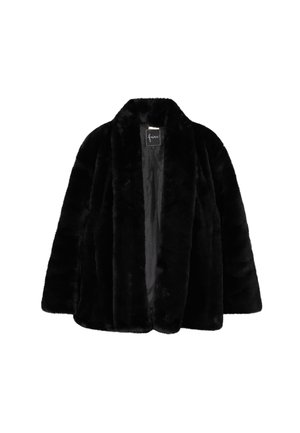 Abrigo de piel sintética negra con cuello de chal, abertura frontal y mangas largas. La textura es suave y esponjosa, añadiendo calidez y comodidad.