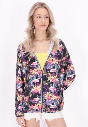 Letvægts zip-jakke med et tropisk blomster- og flamingoprint, sort baggrund, grå foring og en afslappet pasform.