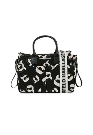 Borsa nera con volti dei cartoni animati, caratterizzata da una combinazione di colori. Due manici, tracolla rimovibile, superficie con texture liscia e un design pattern.