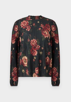 Blusa plissettata floreale con sfondo scuro decorato da fiori rossi e crema, collo alto e maniche lunghe con polsini elastici.