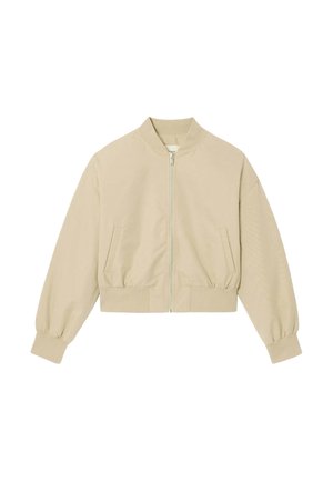 Veste bomber beige courte avec fermeture éclair à l'avant, poignets et ourlet côtelés, et deux poches latérales inclinées.