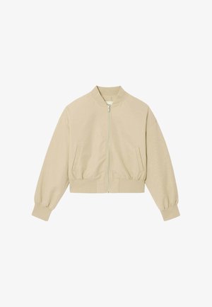 Veste bomber beige courte avec fermeture éclair à l'avant, poignets et ourlet côtelés, et deux poches latérales inclinées.