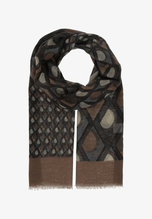 Écharpe légère avec motif géométrique en tons bruns, noirs et gris, présentant des formes de losanges et de gouttes, avec des bords frangés.