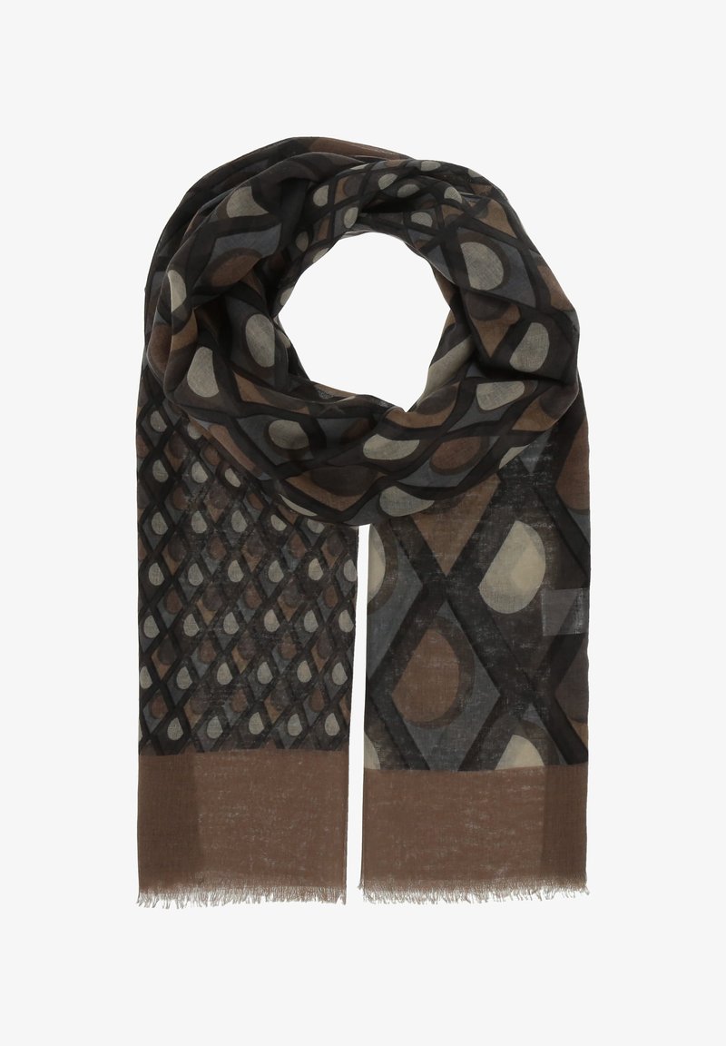 Écharpe légère avec motif géométrique en tons bruns, noirs et gris, présentant des formes de losanges et de gouttes, avec des bords frangés.