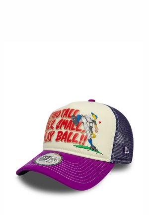 Baseball cap with a white front panel, purple brim, and mesh back. Features colorful graphic of a baseball player with text.