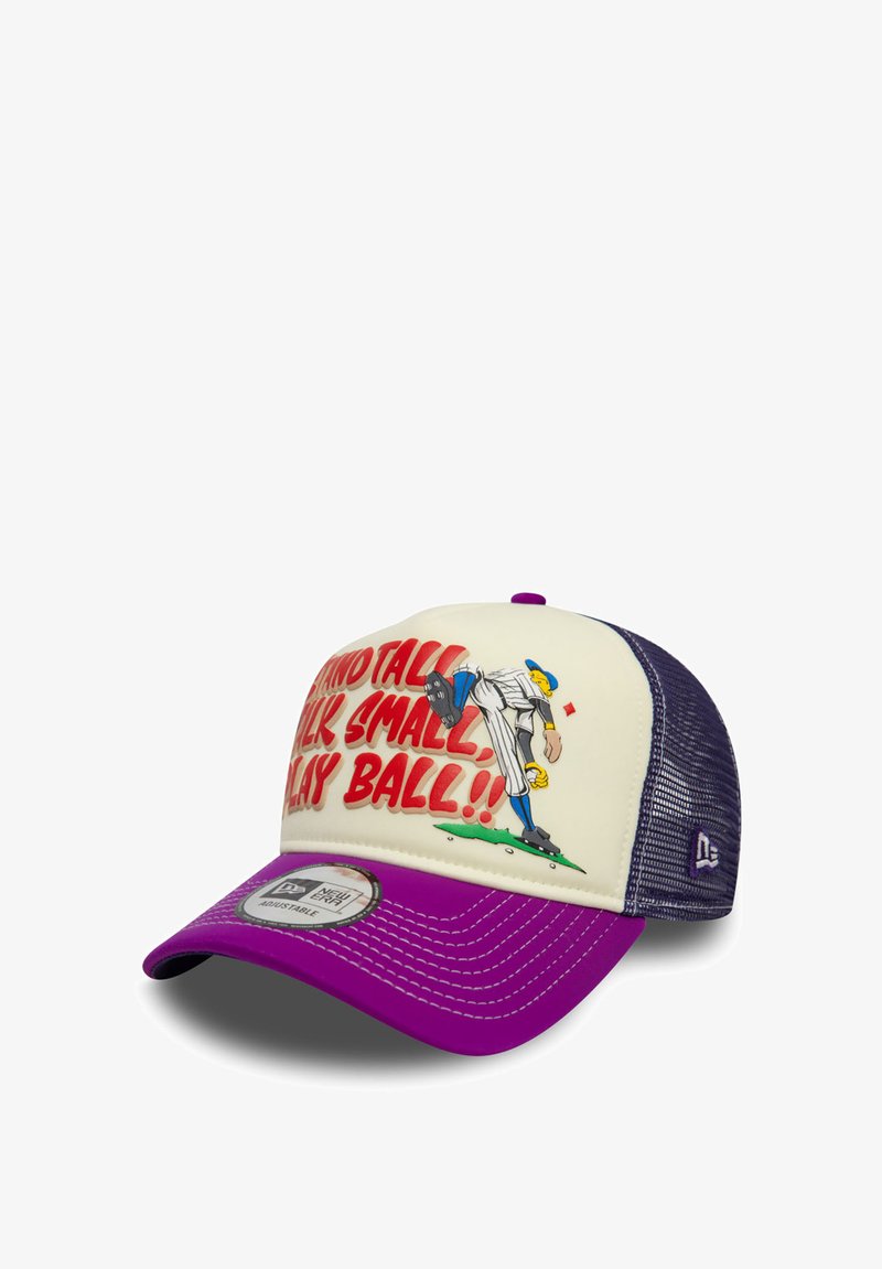 Baseball cap with a white front panel, purple brim, and mesh back. Features colorful graphic of a baseball player with text.