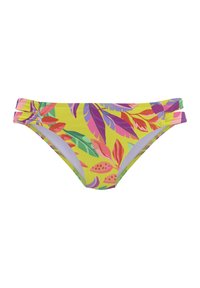 Parte de abajo de bikini con un fondo amarillo vibrante, que presenta patrones de hojas multicolores en rosa, púrpura y verde; textura suave, con dobles tirantes.