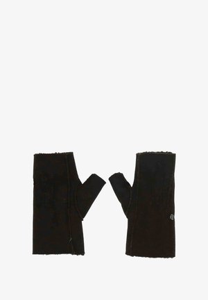 Mustad sõrmedeta kindad pehmest kangast, millel on tekstuuripesa pind ja toores äär, ühe kinda peal on logo.