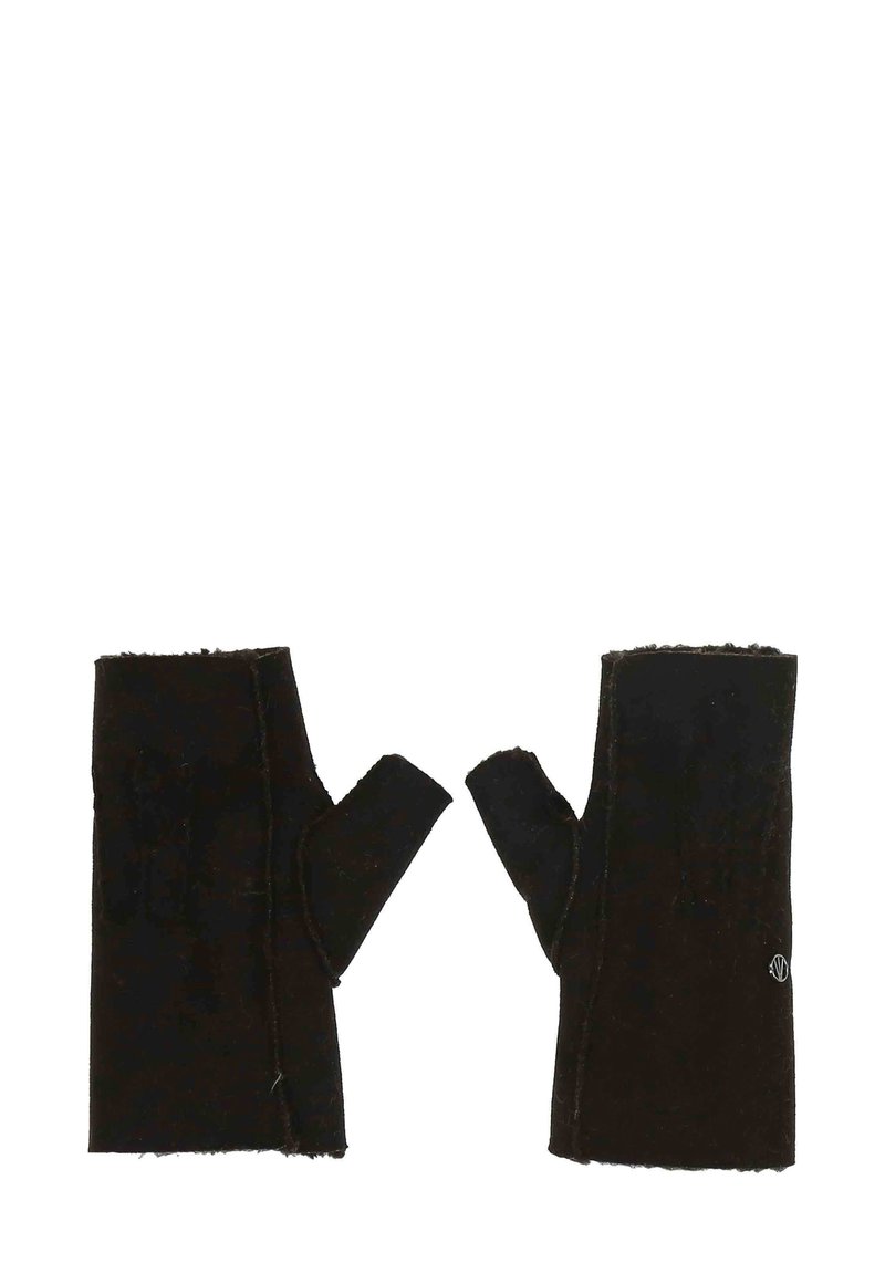 Mustad sõrmedeta kindad pehmest kangast, millel on tekstuuripesa pind ja toores äär, ühe kinda peal on logo.