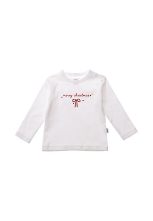 Langärmeliges weißes Baumwollhemd mit rotem Druckdesign, das "Frohe Weihnachten" und ein Schleifenmotiv in der Mitte zeigt.