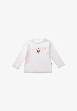 Langärmeliges weißes Baumwollhemd mit rotem Druckdesign, das "Frohe Weihnachten" und ein Schleifenmotiv in der Mitte zeigt.