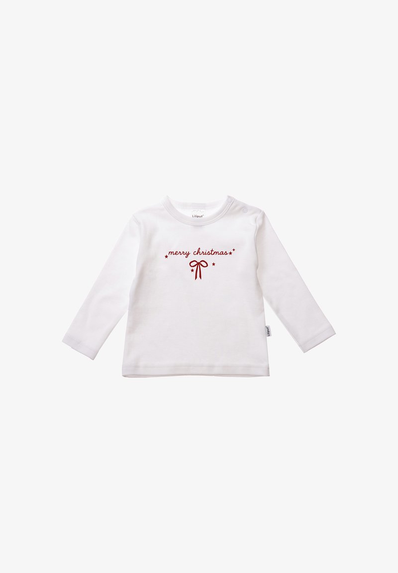 Langärmeliges weißes Baumwollhemd mit rotem Druckdesign, das "Frohe Weihnachten" und ein Schleifenmotiv in der Mitte zeigt.