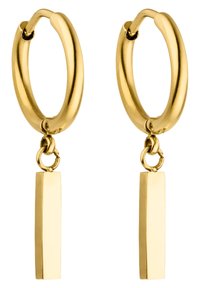 Goldene Creolen mit einer glatten, glänzenden Oberfläche, an denen von jeder Creole ein rechteckiger Anhänger hängt.