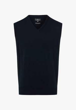 Marineblauer ärmelloser Pullover mit V-Ausschnitt, aus glattem Stoff gefertigt. Verfügt über gerippte Akzente am Hals und Saum für zusätzliche Struktur.