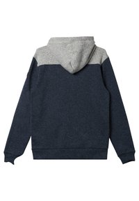 Mikina s kapucňou v šedej a námorníckej modrej farebnej kombinácii. Mäkká, štruktúrovaná tkanina s voľným strihom. Obsahuje dlhé rukávy a klokanie vrecko.