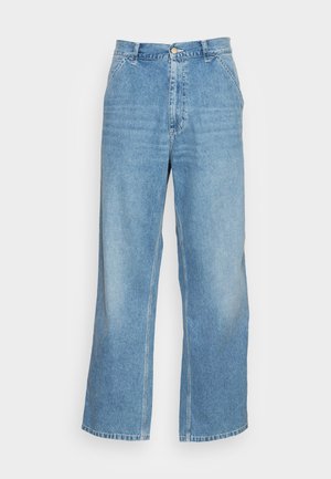 Lichtblauwe wijde jeans gemaakt van denim. Heeft een hoge taille, knoopsluiting en een standaard vijf-pocket ontwerp. Gladde textuur.