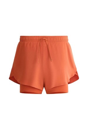 Orange athletic shorts with built-in tight layer, elastic waistband, and adjustable drawstring front.