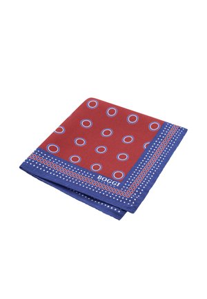 Pochette rouge pliée avec des motifs circulaires bleus et blancs et une bordure bleue ornée de points et de carrés blancs, marquée "Boggi Milano".