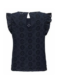 Top in cotone blu navy con ricami floreali e dettagli ad occhiello, maniche corte a volant e chiusura a occhiello sul retro.