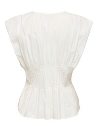 Blouse blanche à manches courtes avec taille froncée et plis verticaux, créant une silhouette cintrée et un léger évasement à l'ourlet.