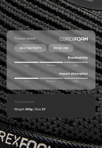 CorexFOAM-Produkt OY/AC 200 für Mehraktivität zeigt mittlere Atmungsaktivität, mittlere Stoßdämpfung, wiegt 350 g und hat Größe 37.