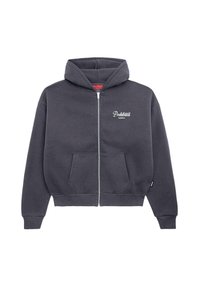 Gray zip-up hoodie made of cotton blend fabric, featuring a front pocket, ribbed cuffs, and hood. "Prohibited" logo embroidered on chest.