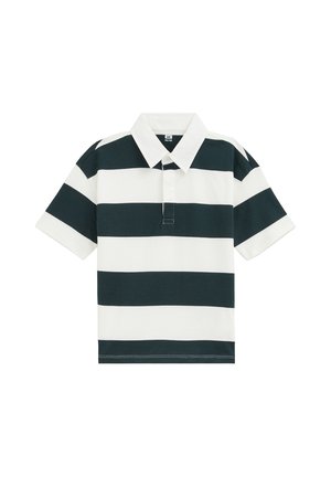 Polo à manches courtes avec larges rayures horizontales noires et blanches et col blanc, présenté sur fond blanc.