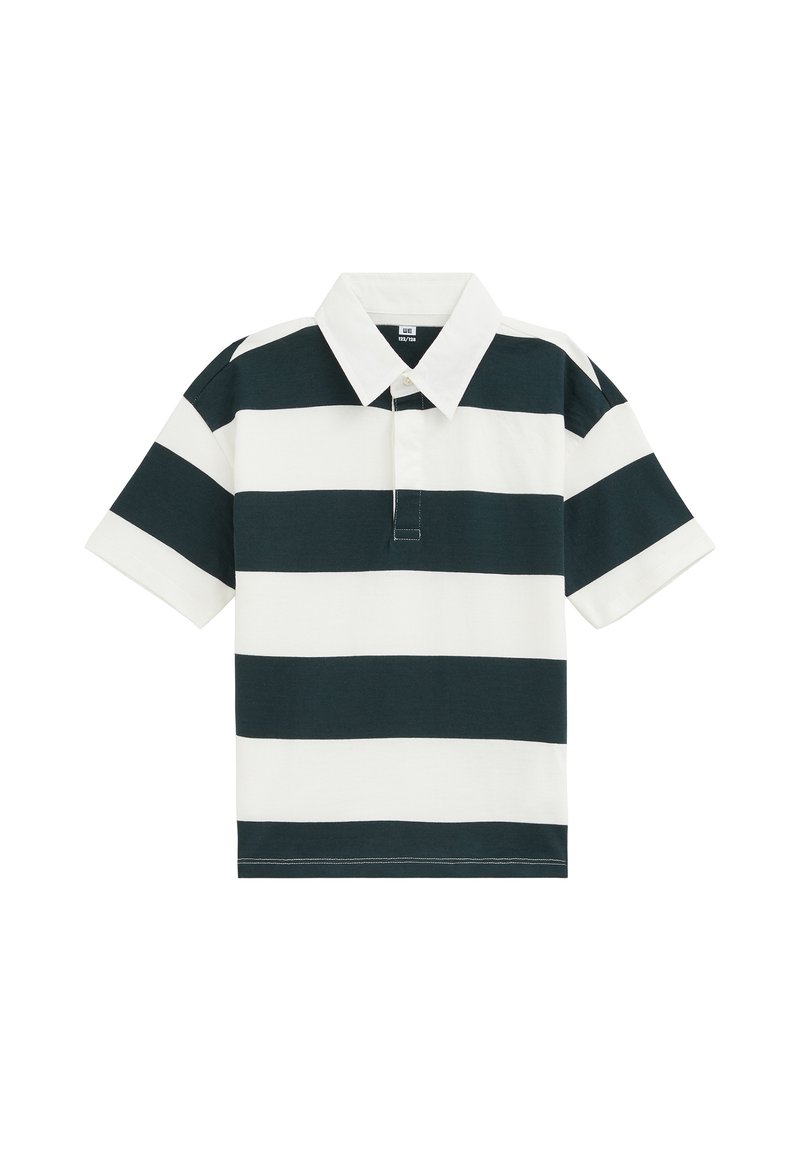Polo à manches courtes avec larges rayures horizontales noires et blanches et col blanc, présenté sur fond blanc.