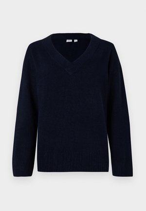 Mørkeblå v-hals sweater med lange ærmer, ribbede manchetter og kant, lavet af blødt materiale, med en afslappet pasform og minimal pynt.